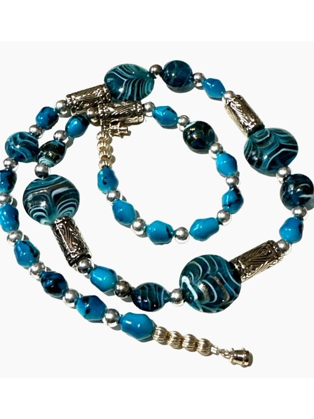 Retro Mod Blue Necklace Colorful Swirl Glass Bead Silver Tone Spacers Chic